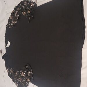Maurices Black Dress Pull Over with Long Floral and Gold Chiffon Sleeves New